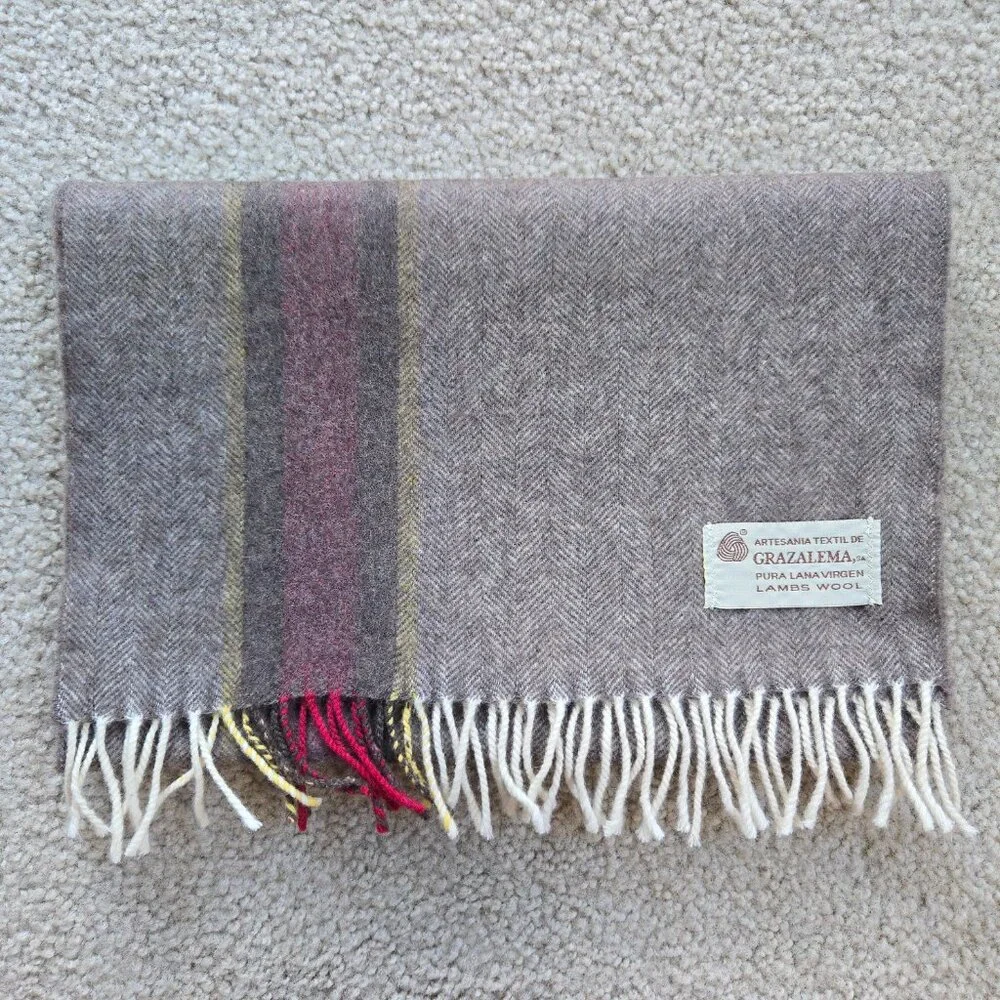 NWOT Wool Herringbone Scarf Brown with Burgundy & Yellow Stripe